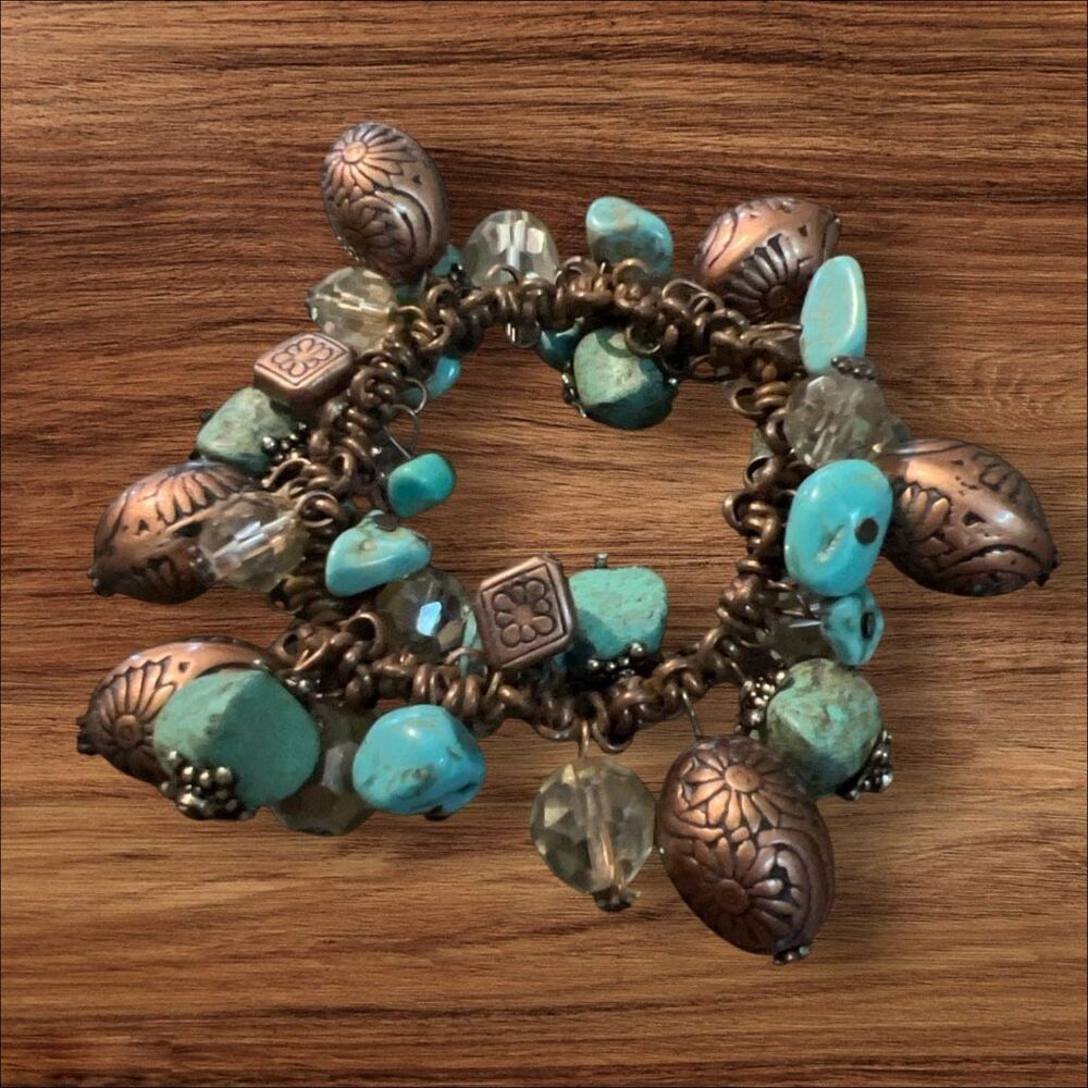 Turquoise Color Beaded Copper Color Charm Stretch Bracelet Boho Statement